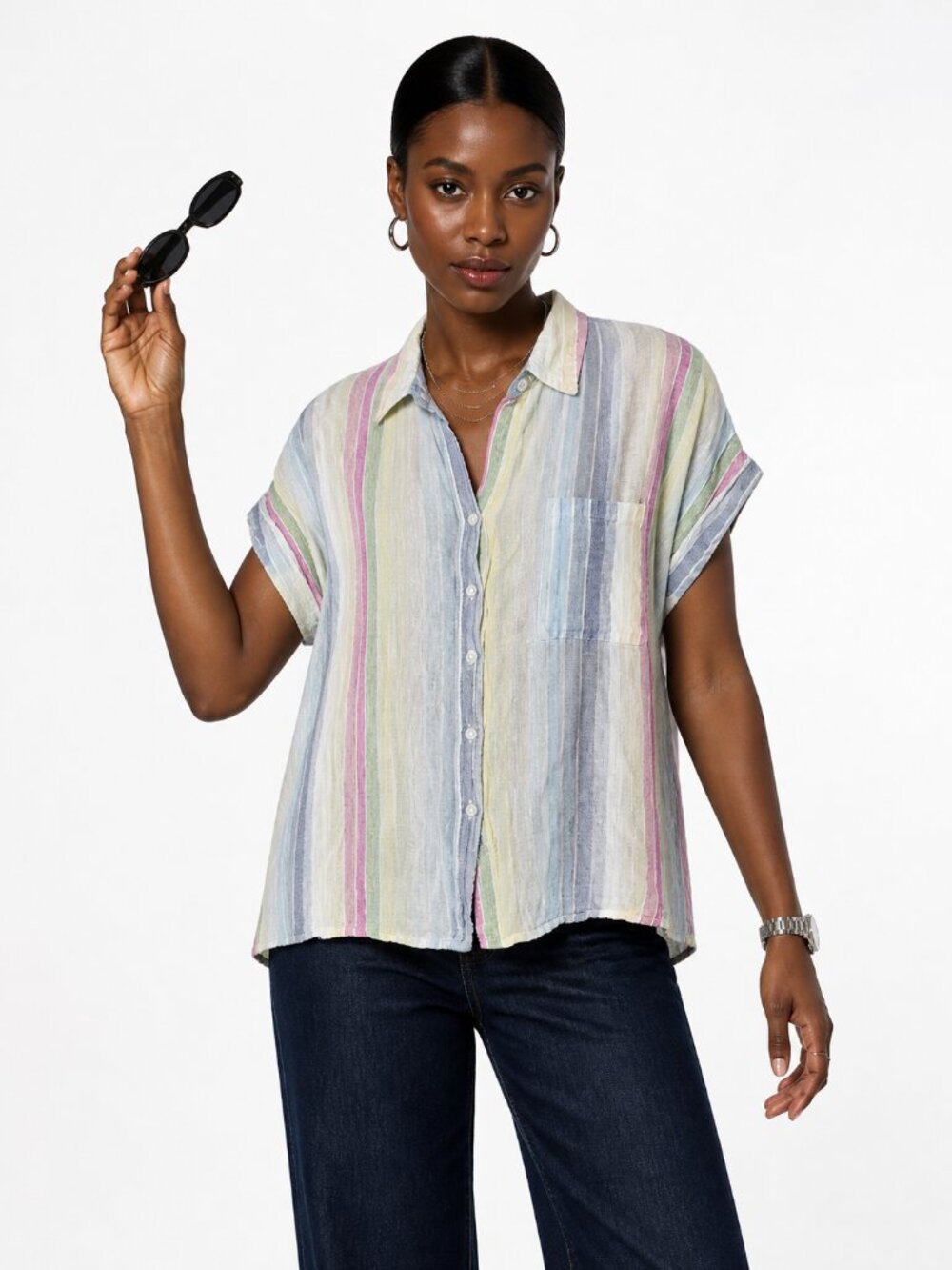 Rails Whitney Top Rainbow Stripe Linen Summer Button Front Size M